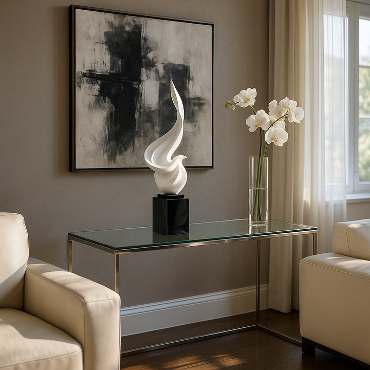 Exclusive White Flame Floor Sculpture with Black Stand - Premium 65" Museum-Quality Art Collection
