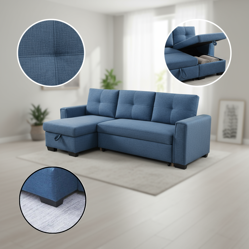 92" Blue Polyester Blend Convertible Futon Sleeper Sofa With Black Legs