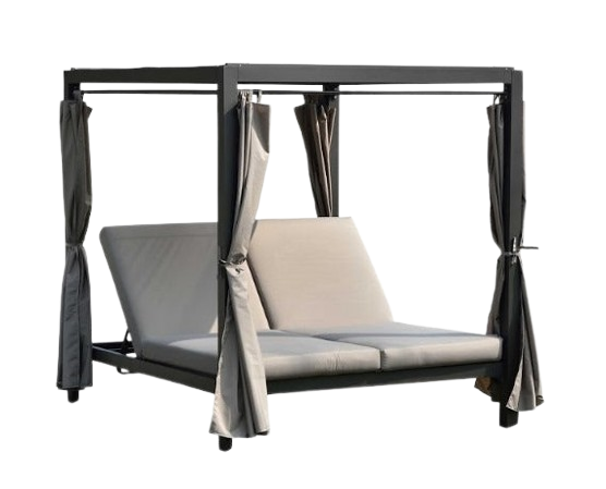 Large Outdoor Daybed Gray - 13.5ft Steel Metal Adjustable Day Bed with Reclining Back, Canopy & Thick Taupe Cushions for Patio