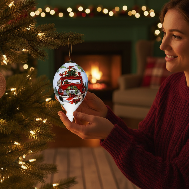 Christmas Wagon with Gifts Hand Painted Glass Hanging Ornament