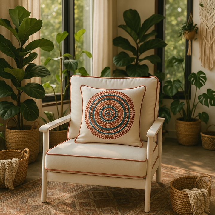 Premium 18" x 18" Beige and Blue Abstract Indoor Outdoor Throw Pillow with Zipper Closure