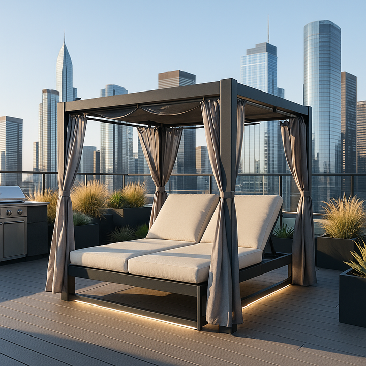 Premium Aluminum Outdoor Patio Daybed - Double Chaise Lounge with Retractable Canopy, Grey Privacy Curtains, Beige Cushions & Cup Holders for Pool, Garden, Backyard & Lawn