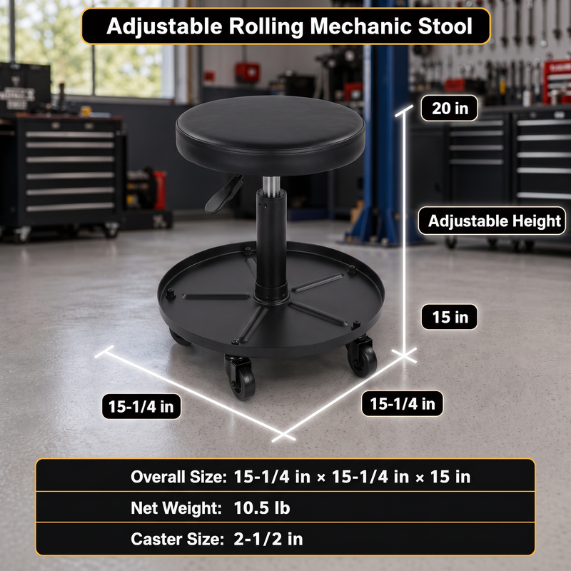 Pneumatic Rolling Mechanic Stool with Wheels – Adjustable Height Shop Stool with Tool Tray, 360° Swivel Seat for Garage & Workshop - 2