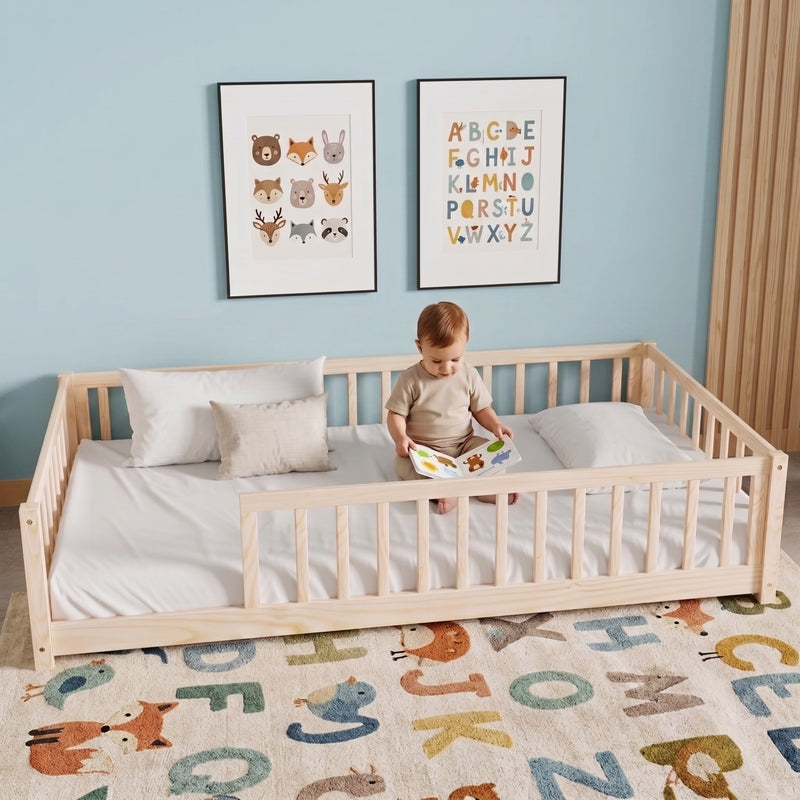 Montessori Floor Bed with Fence & Door, Wood & MDF, Safe color & stain for kids - 2