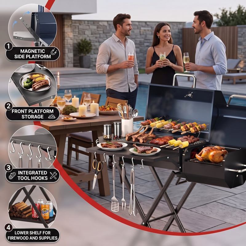 Portable Charcoal Grill with Smoking Function, Foldable Suitcase Design with Wheels, Multi-Tier Storage Rack & Waterproof Cover for Outdoor BBQ Parties - 2