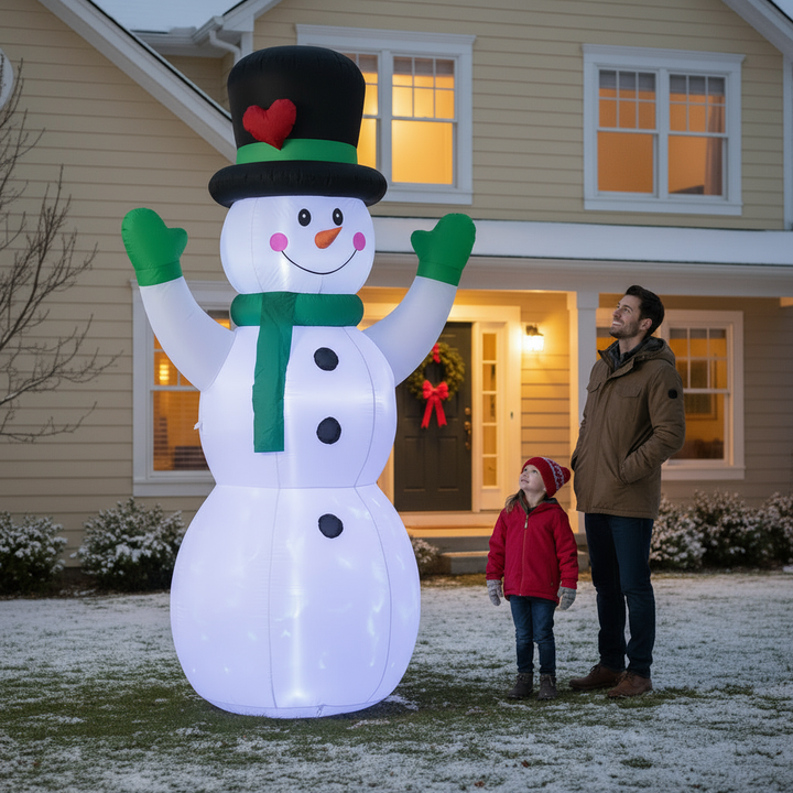 Outsunny 10FT Christmas Inflatables Cheerful Snowman in Black Hat, Green Scarf and Gloves, Blow-Up Outdoor Christmas Decorations with LED Yard Display for Lawn Garden Party