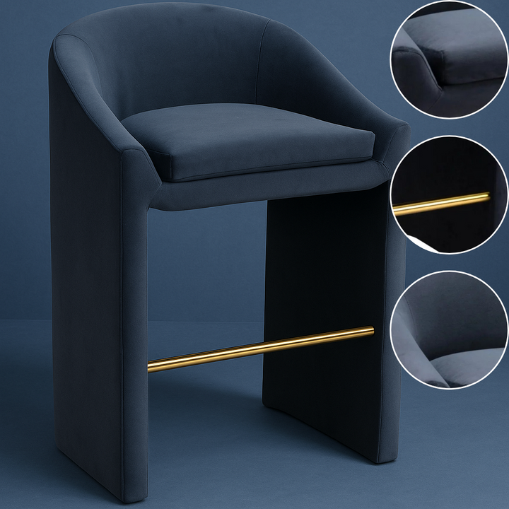 Emas Barstool – Midnight Gray Velvet with Built-in Footrest | Modern Bar Height Seating | Trufairs