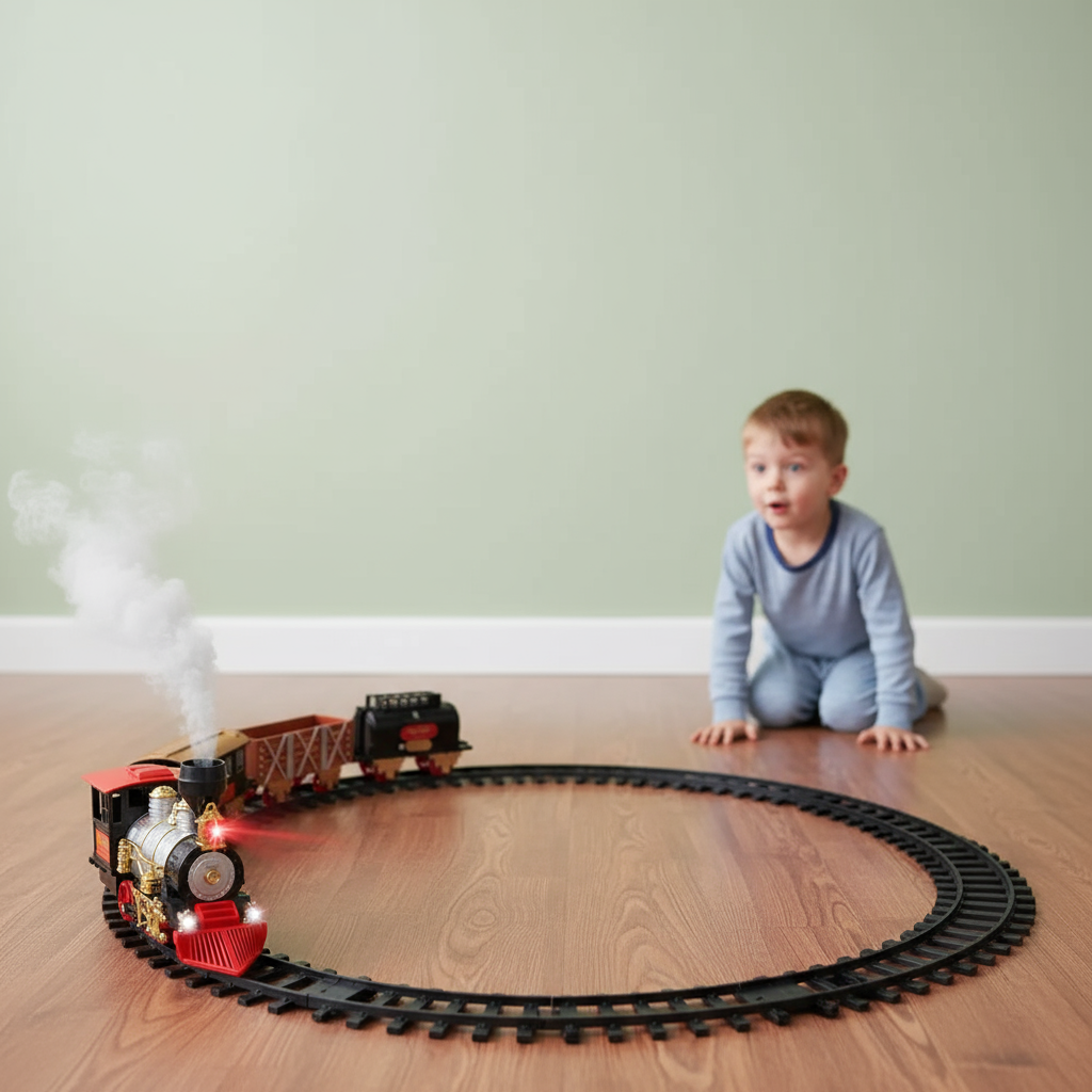 Classic Christmas Holiday Train Set with Real Smoke Lights Sounds Locomotive Engine Cargo Cars Tracks Kids Family Fun