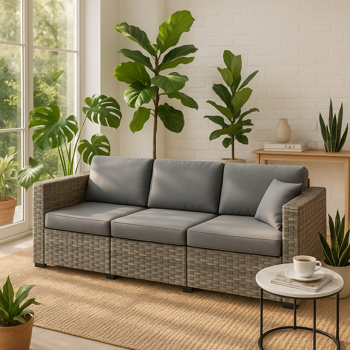 Outsunny Wicker Patio Couch - Premium PE Rattan 3-Seat Sofa with Deep Seating Cushions and Steel Frame for Ultimate Outdoor Comfort (Gray)
