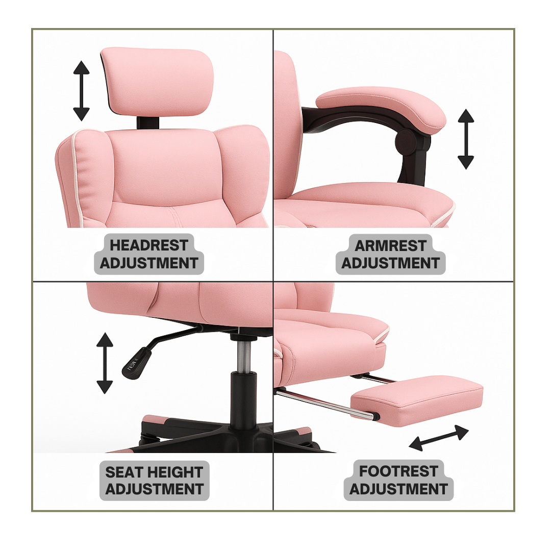 HOMCOM PU Leather Office Chair, Executive Desk Chair with Headrest, Foot Rest, Swivel Wheels, Reclining Computer Chair, Pink