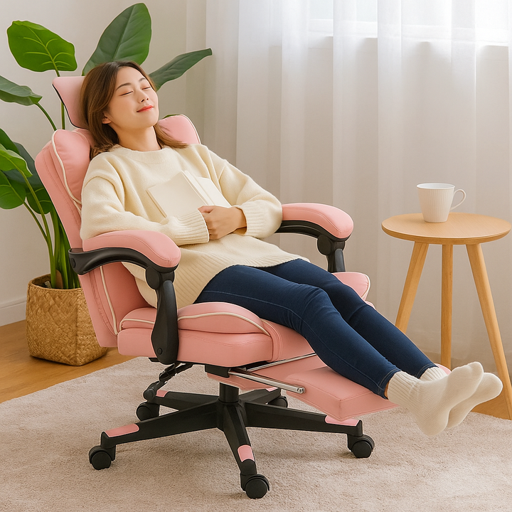 HOMCOM PU Leather Office Chair, Executive Desk Chair with Headrest, Foot Rest, Swivel Wheels, Reclining Computer Chair, Pink