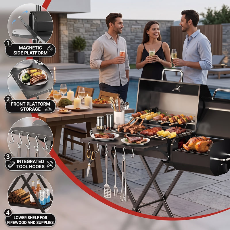 Portable Charcoal Grill with Smoking Function, Foldable Suitcase Design with Wheels, Multi-Tier Storage Rack & Waterproof Cover for Outdoor BBQ Parties - 2