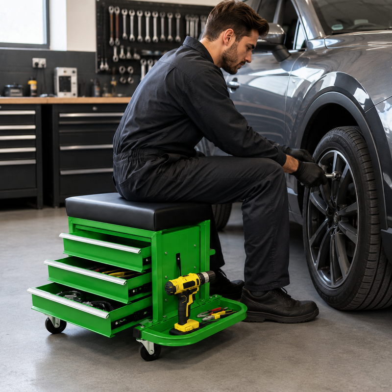 Mobile Mechanic Toolbox Seat with Drawers - Rolling Mechanic Stool with Sliding Tool Tray, Shop Stool with Wheels for Garage & Workshop, Auto Repair - 2