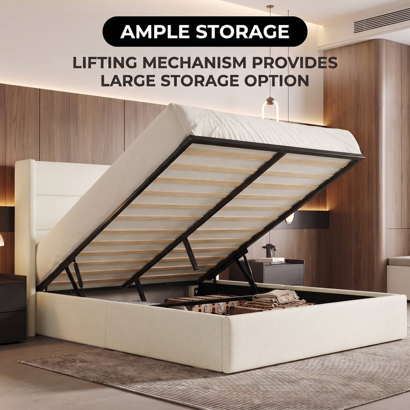 Lift-Up Storage Bed Frame with Upholstered Wingback Headboard - 2