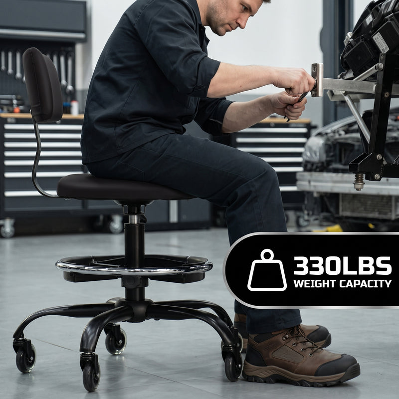 Rolling Mechanic Chair with Backrest and Footrest – Heavy Duty Shop Stool with Wheels, Adjustable Height Swivel Garage Chair - 2