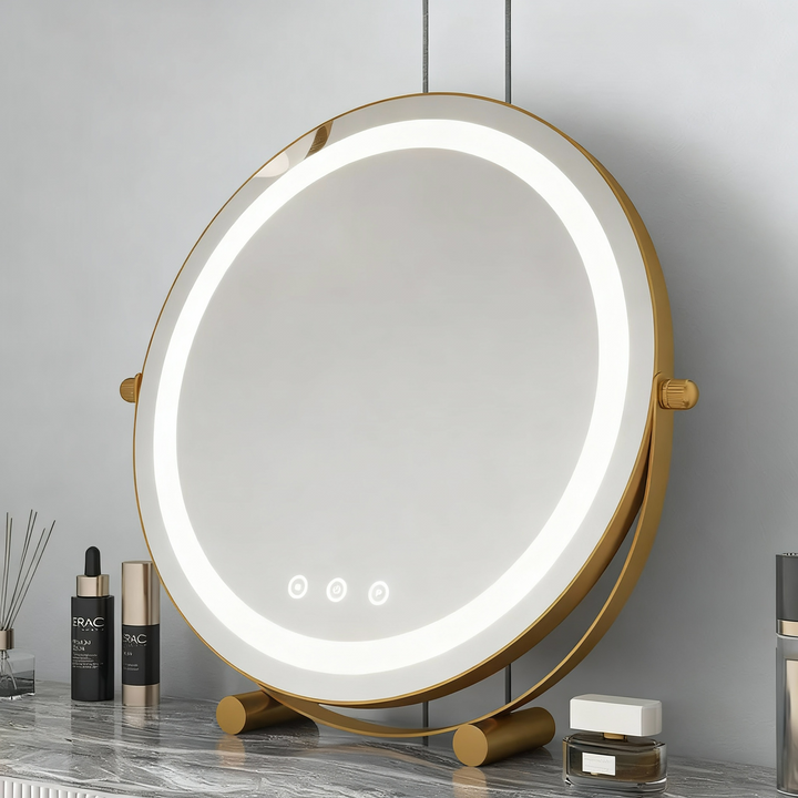 Metal Desktop Makeup Mirror  3-Level LED Lighted Vanity Mirror  Adjustable Rotating Makeup Mirror for Clear Imaging