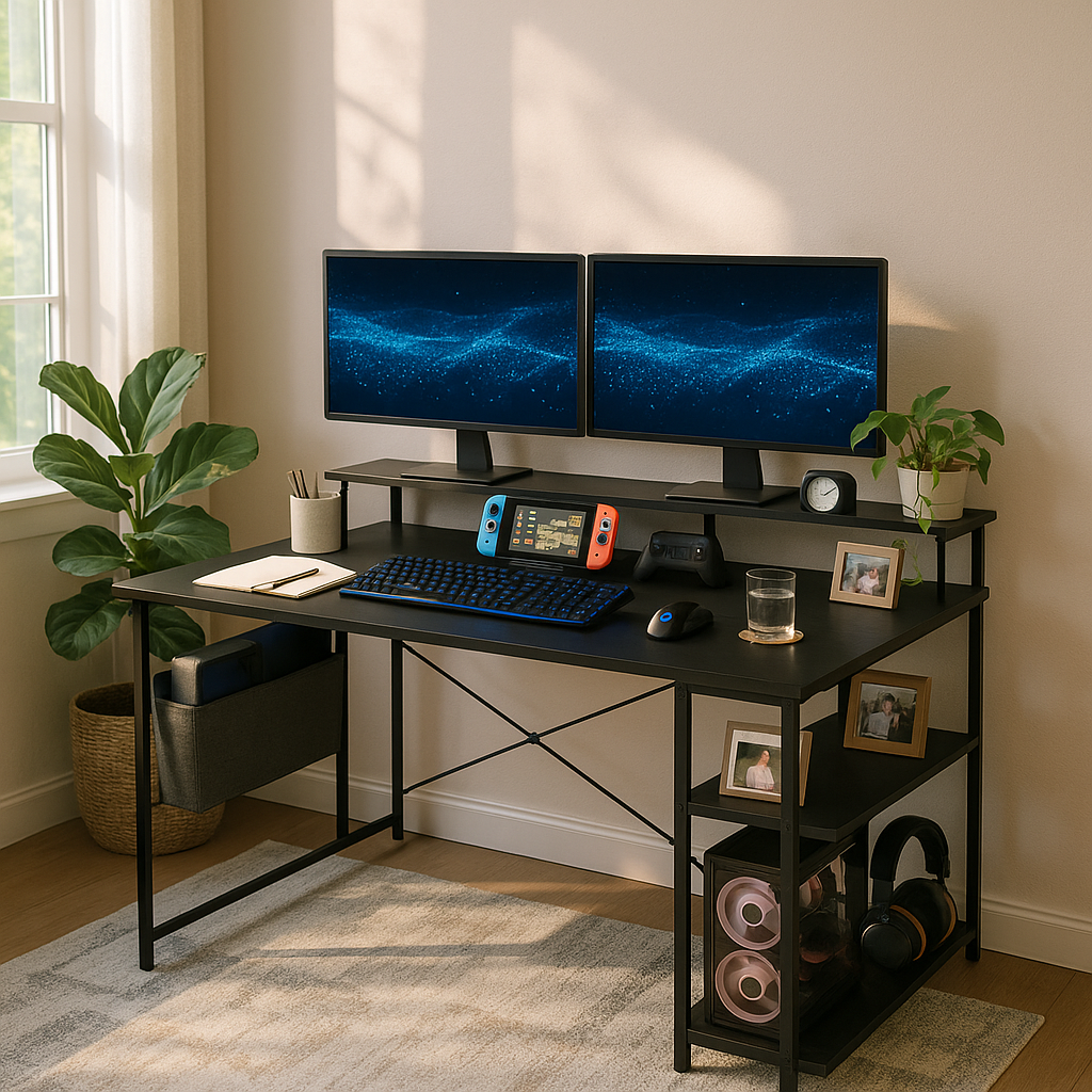 NovaSync 58" Reversible L-Shaped Desk with RGB Lighting & Integrated Power Hub – Black