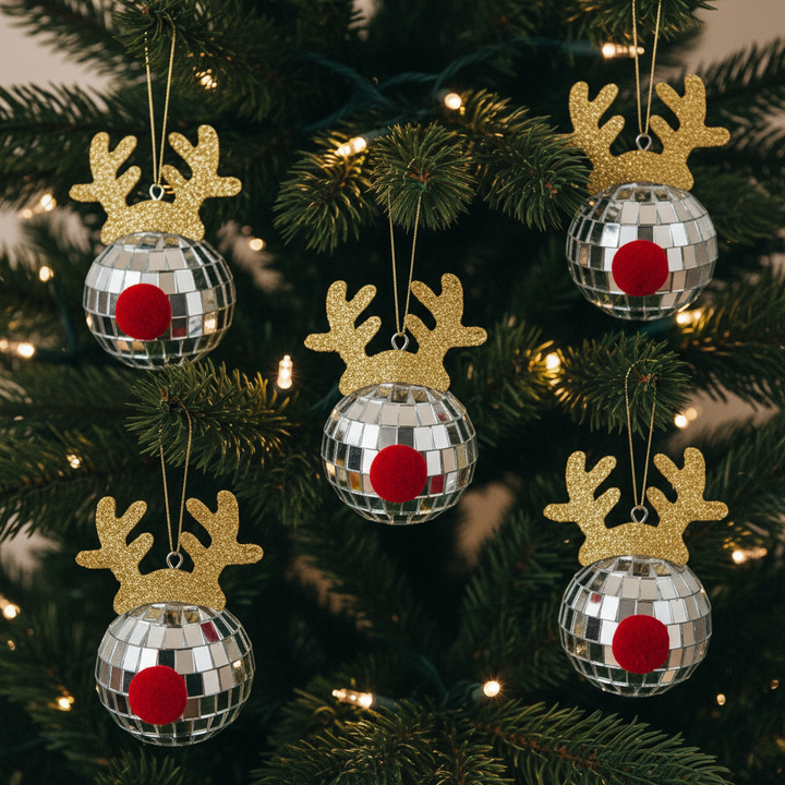 5-Piece Christmas Silver Disco Mirror Ball Set with Rope & Reflective Elk Horns Design for Dance Music Festivals Decor | Trufairs