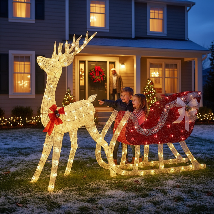 Yaheetech Pre-lit Reindeer & Sleigh Set, 4ft Light-up Christmas Decorations Set w/ 360 LED Lights/Stakes/ZipTies for Outdoor/Ind