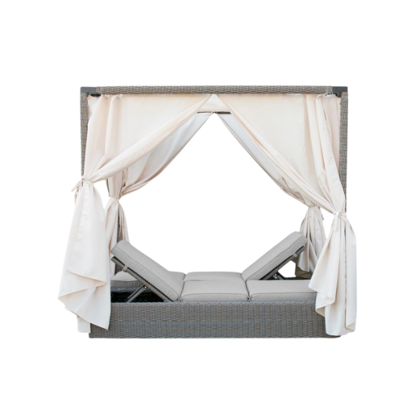 Dual Adjustable Patio Sunbed - Renava Marin Brown Rattan Daybed with Off-White Canopy, Beige Cushions & Weather-Resistant Construction