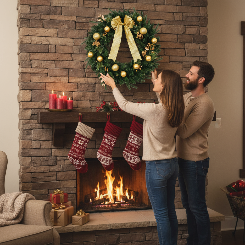 24in Pre-lit Battery Powered Christmas Wreath with Remote, Lighted Artificial Xmas Wreath with 50 Warm Lights and 120 PVC Tips and Ornaments, for Front Door Gate Wall Xmas Party Decorations S001