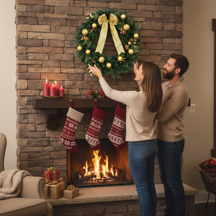 24in Pre-lit Battery Powered Christmas Wreath with Remote, Lighted Artificial Xmas Wreath with 50 Warm Lights and 120 PVC Tips and Ornaments, for Front Door Gate Wall Xmas Party Decorations S001