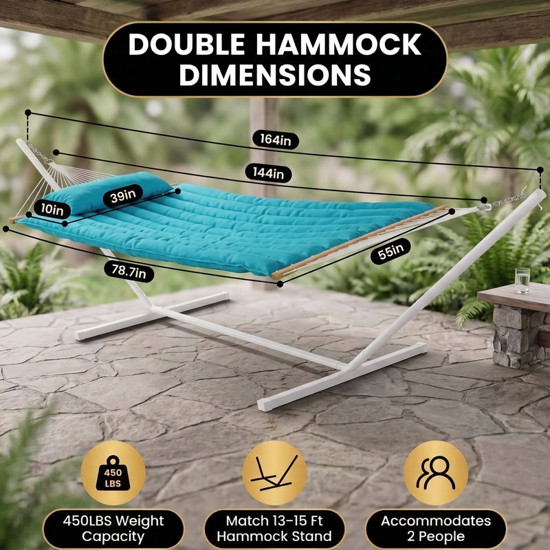 2-Person Quilted Outdoor Hammock 12FT – Double Layer with Pillow & Storage - 2