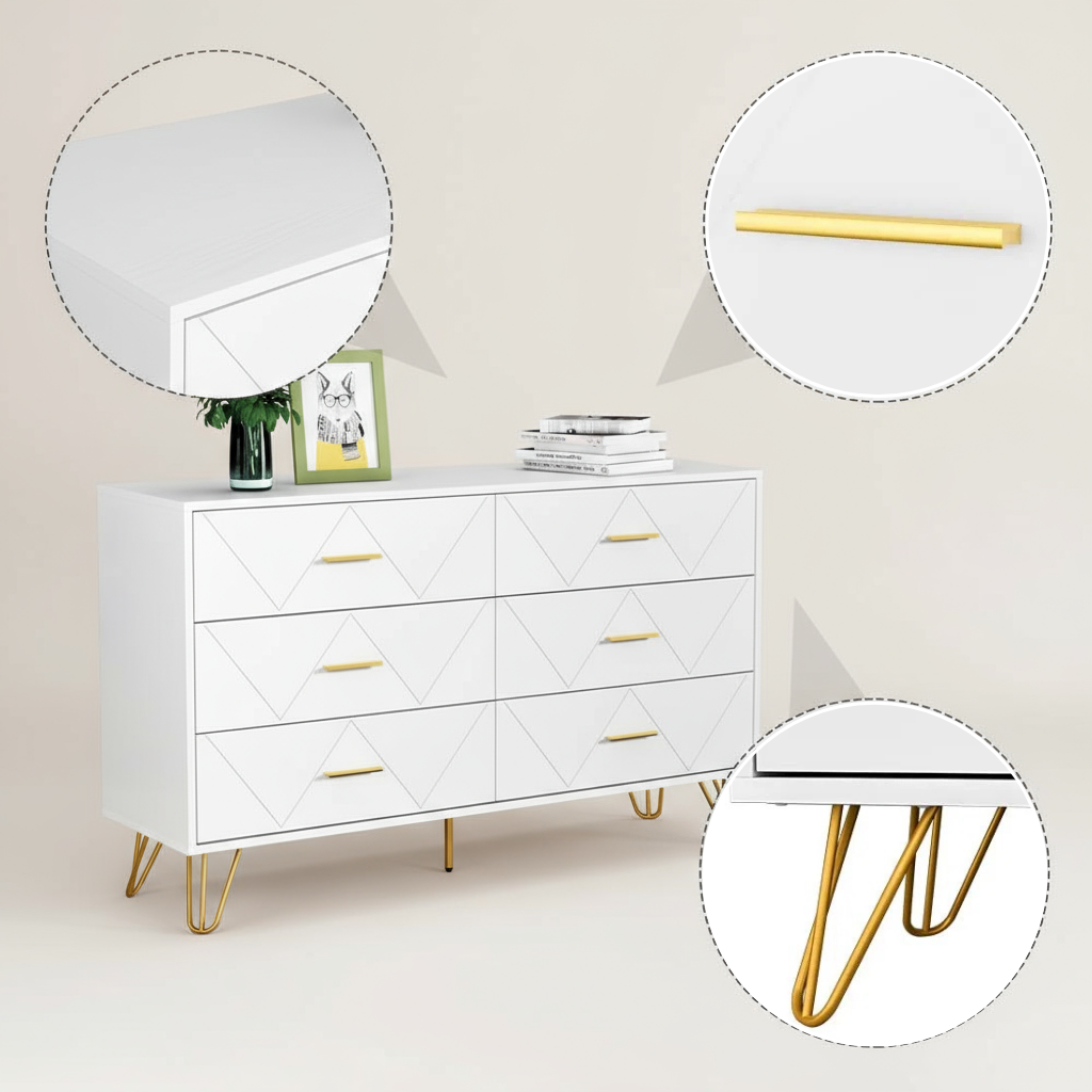 Modern 6-Drawer Dresser with Golden Handles – Elegant Storage Solution for Bedrooms & Living Rooms | Trufairs