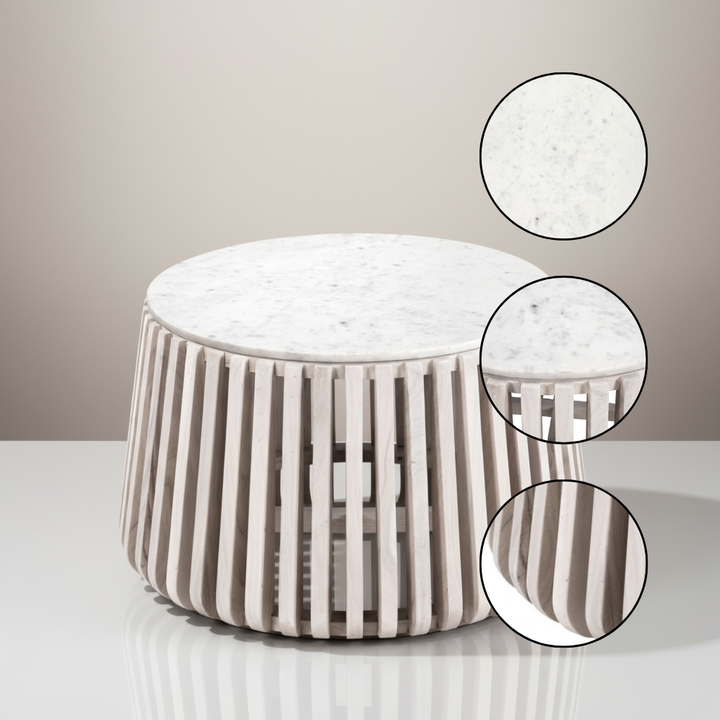 Cyprus Coffee Table White & Whitewashed – Round Marble Top Coastal Coffee Table | Modern Beach Style Furniture | Trufairs