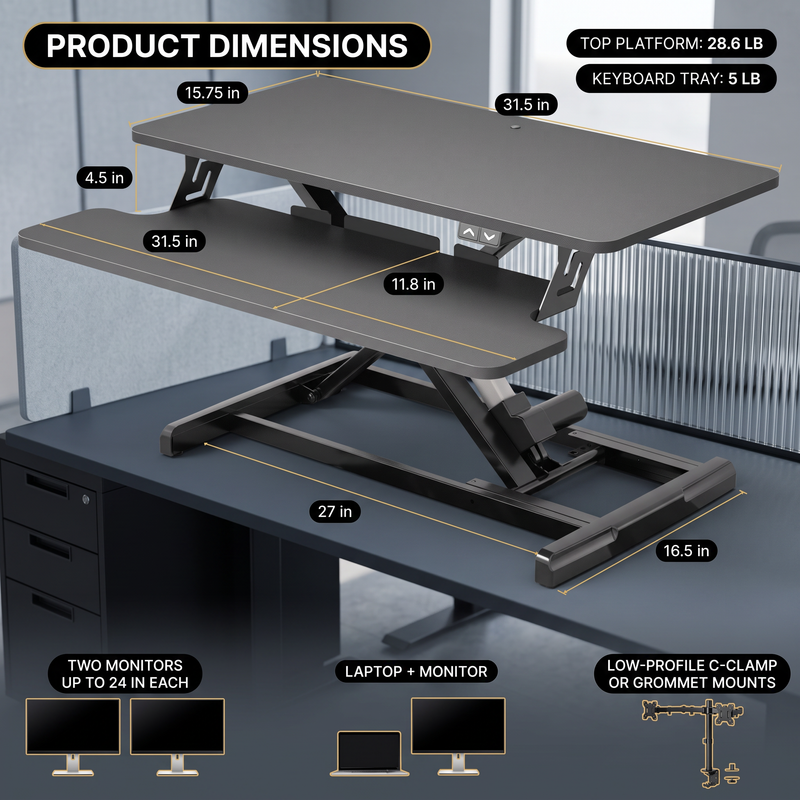Standing Desk Converter, Height Adjustable Sit to Stand Desk Riser, Pneumatic & Electric Dual Monitor Laptop Workstation with Wide Keyboard Tray - 2
