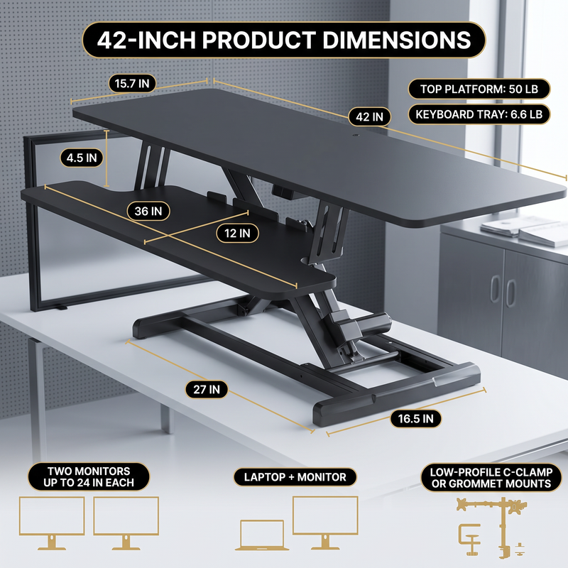 Standing Desk Converter, Height Adjustable Sit to Stand Desk Riser, Pneumatic & Electric Dual Monitor Laptop Workstation with Wide Keyboard Tray - 2