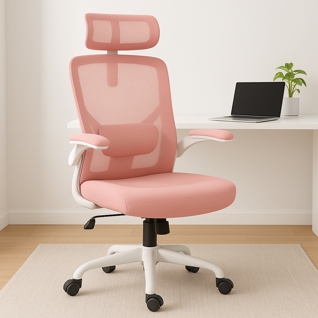 ErgoBliss Pink Mesh Ergonomic Office Chair – Flip-Up Arms, Lumbar Support, Headrest