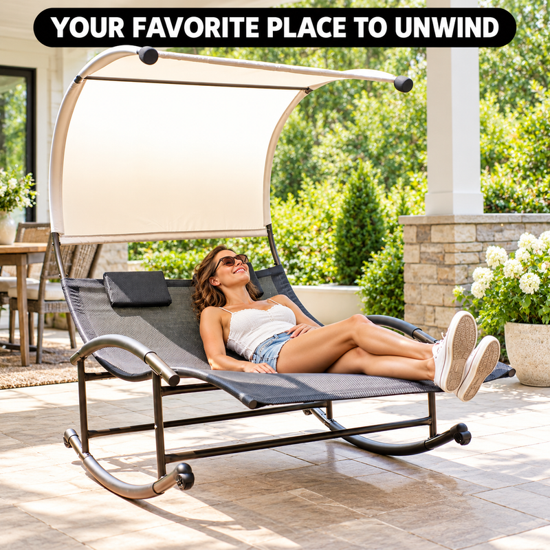 Outdoor Chaise Lounger with Canopy – Single & Double 2-Person Patio Sun Lounger with Cushions & Headrest - 2