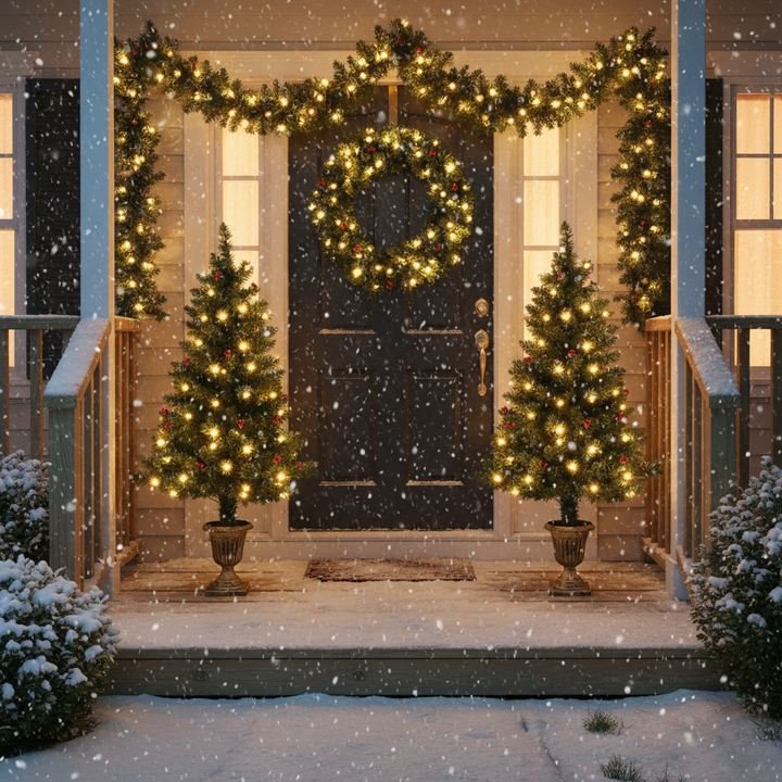 4 Pieces Christmas Decoration Set with Garland Wreath and Entrance Trees