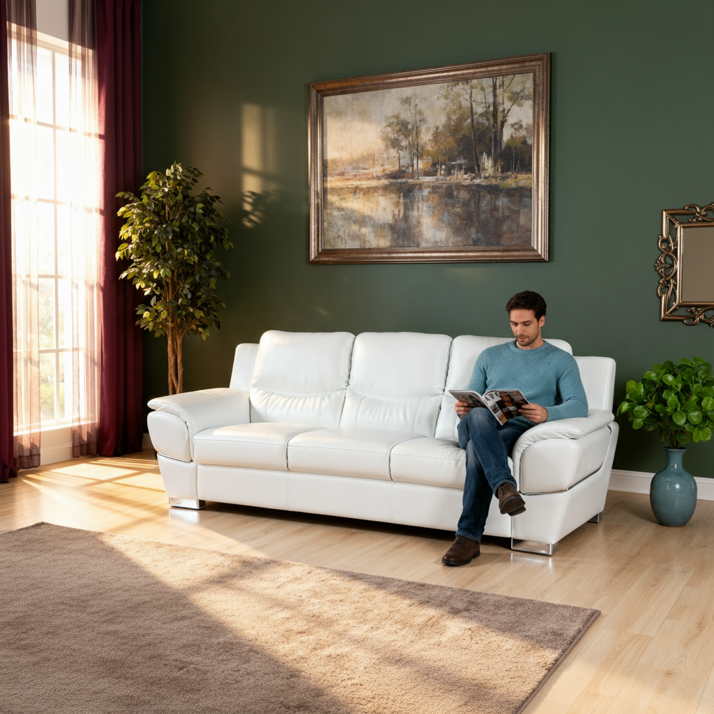 85" White Leather Sofa With Silver Legs
