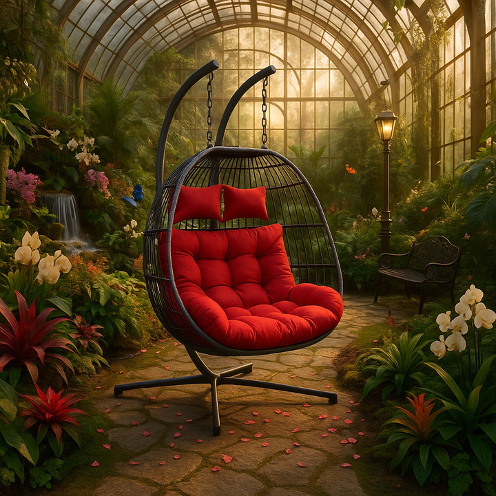 Outdoor Hanging Egg Chair Red - 2 Person Wicker Patio Swing with Stand, Comfort Cushions & All-Weather Durability