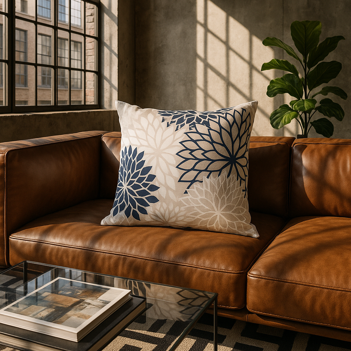 Mordern and stylish 20" Beige Blue and Ivory Floral Indoor Outdoor Throw Pillow