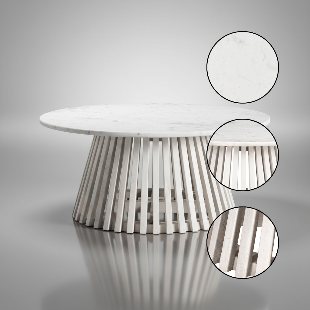 Mazara Coffee Table White & Whitewashed – Round Marble Coastal Coffee Table | Modern Beach Style Furniture | Trufairs