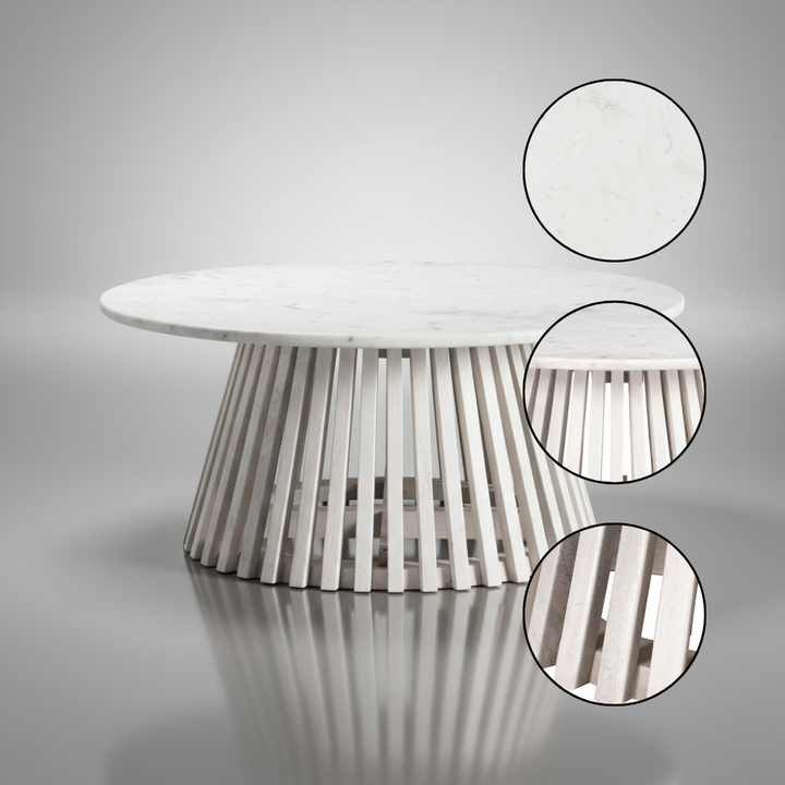 Mazara Coffee Table White & Whitewashed – Round Marble Coastal Coffee Table | Modern Beach Style Furniture | Trufairs