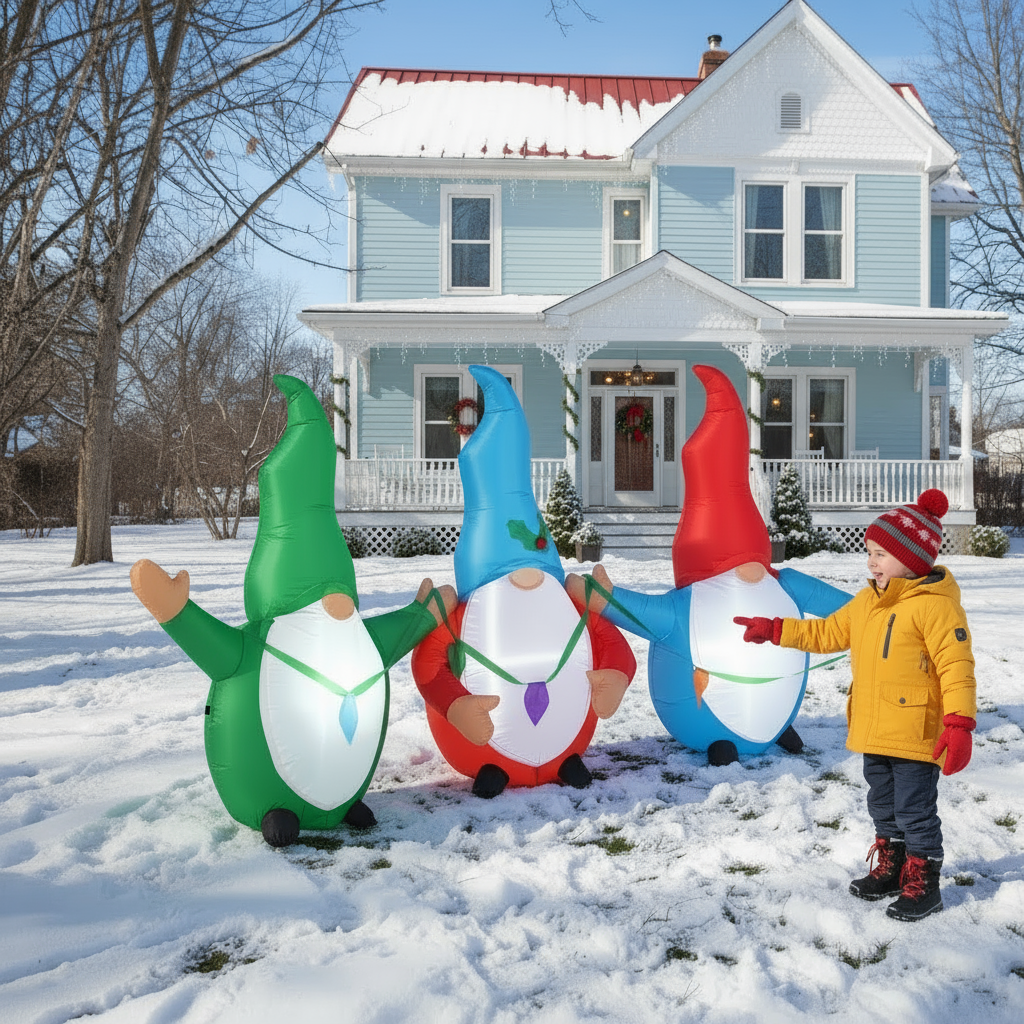 6.6ft Christmas Inflatable Gnome Trio with LED Lights – Large 7FT Blow Up Holiday Yard Decoration – Funny Indoor Christmas Display, Durable Waterproof Polyester, Easy Setup with Blower & Stakes