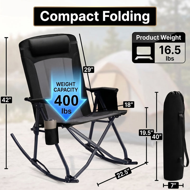 High Back Folding Rocking Camping Chair – Oversized Portable Outdoor Rocker with Cup Holder, Carry Bag & Heavy-Duty Steel Frame - 2