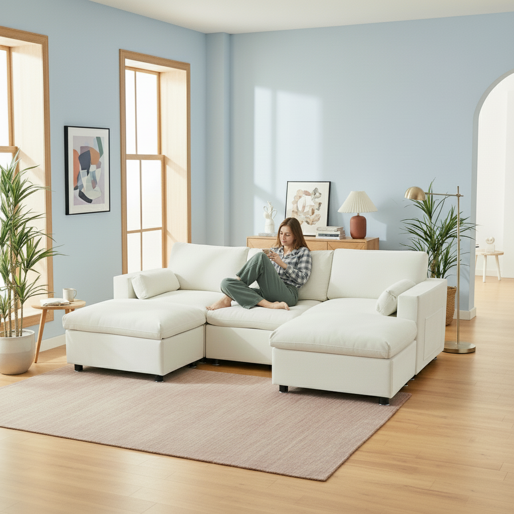 Chenille Modular Sectional Sofa with Storage Pockets & 2 Ottomans | Trufairs