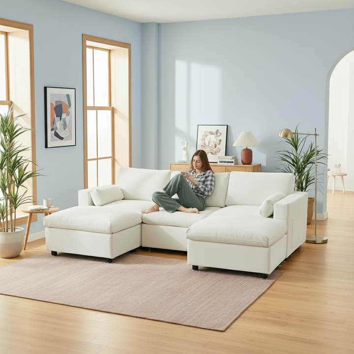 Chenille Modular Sectional Sofa with Storage Pockets & 2 Ottomans | Trufairs