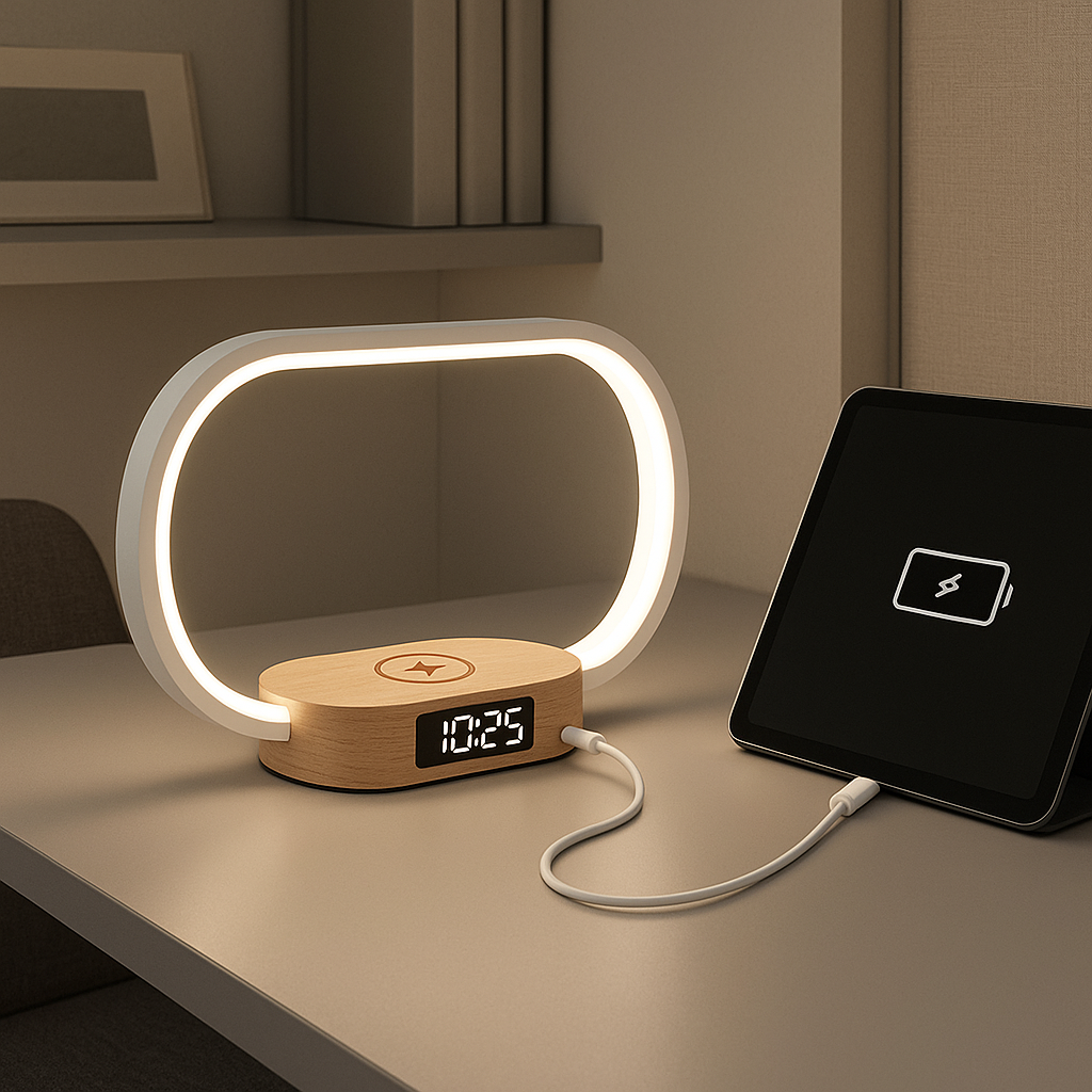 SyncLite Touch Bedside Lamp – Clock, Wireless Charger & Dimmable LED Nightstand Light