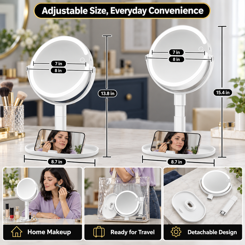 LED Makeup Mirror with Adjustable Brightness – Dual-Sided, Rechargeable - 2