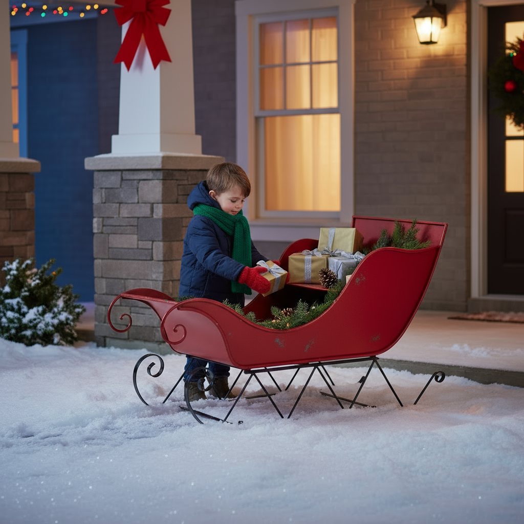 39x17.7x22"H Iron Red/Black Sleigh Large, Distressed Christmas Santa Sleigh Holiday Decoration
