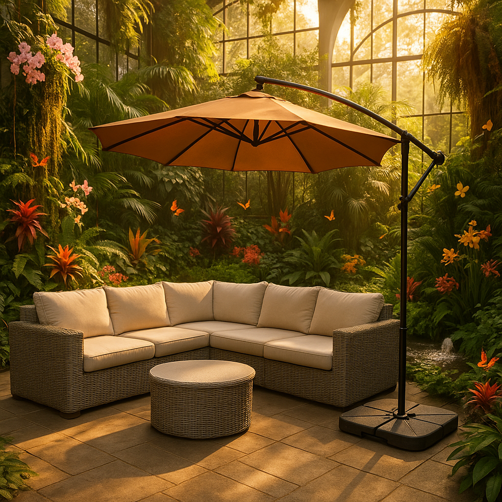Premium 85" Solar-Powered Cantilever Patio Umbrella with LED Lighting in Elegant Tan