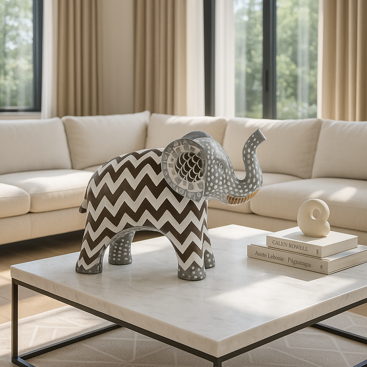 Premium 8" Brown Gray and White Resin Elephant Tabletop Sculpture - Handcrafted Bohemian Décor with Tribal Inspiration
