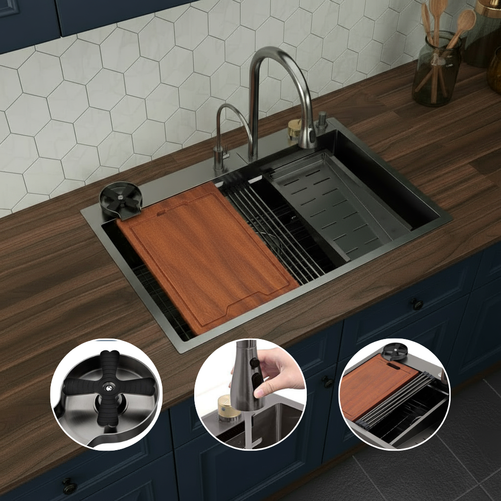 33in. *22in.*10in. Drop In 304 Stainless Steel Workstation Kitchen Sink With Dual Built-in Ledge, Top Mount Single Bowl Workstation Sink With Pull-Out Spray Head Faucet And Rainfall faucet ,Cup Washer