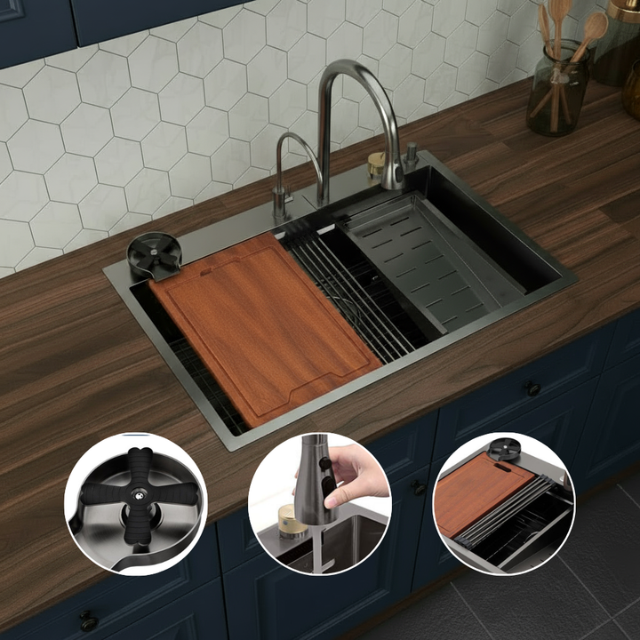 33in. *22in.*10in. Drop In 304 Stainless Steel Workstation Kitchen Sink With Dual Built-in Ledge, Top Mount Single Bowl Workstation Sink With Pull-Out Spray Head Faucet And Rainfall faucet ,Cup Washer